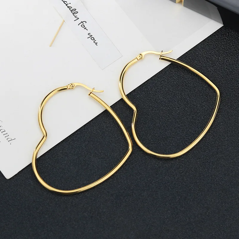 30mm-60mm Heart Earrings For Women Stainless Steel Exaggerate Big Hoop Earring Gold Color Hip Hop Rock Korea Fashion Jewelry