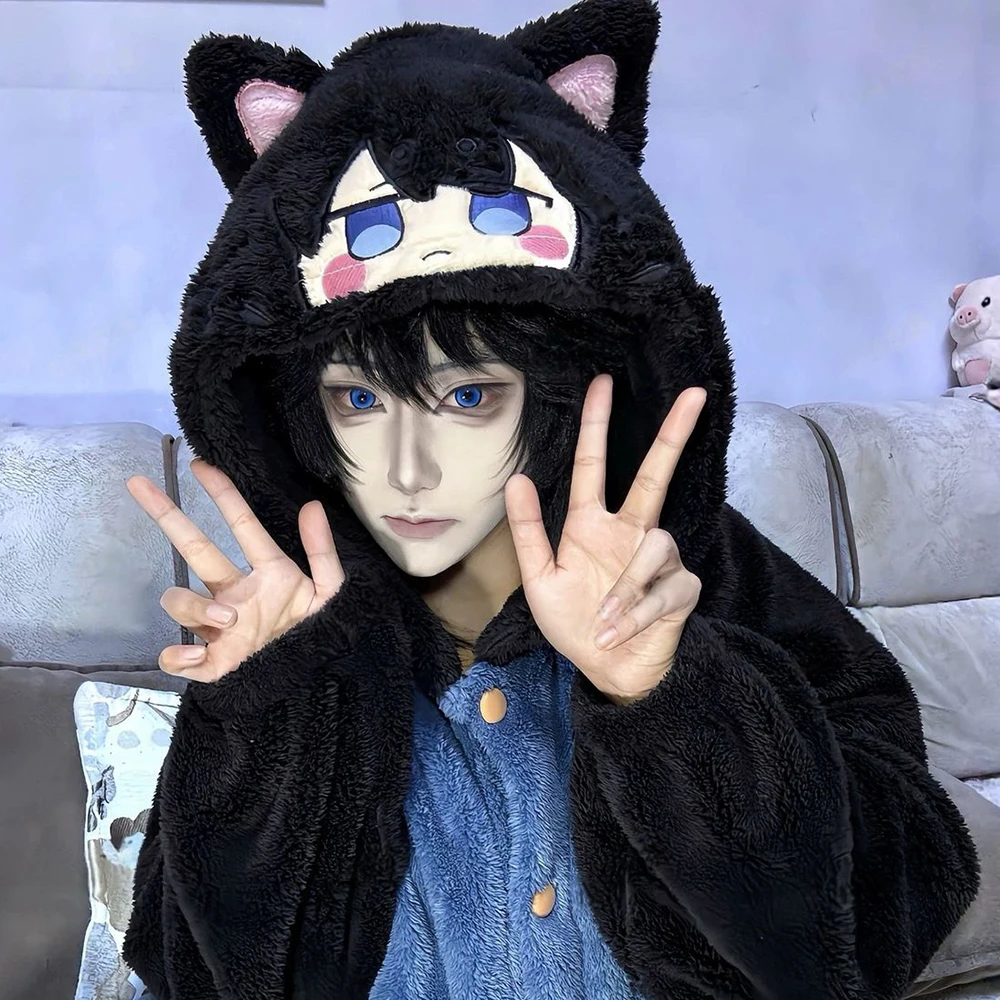 Anime Inspired Cosplay Hooded Onesie Pajamas Cat Ear Hood Flannel One Piece Night Suit Adorable Character Face Home Sleep Wear