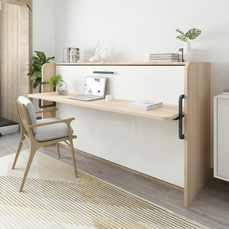 

Metal Murphy Bed Adjustable Fold-Down Bedroom Set with Wood Panel Style Murphy Wall Bed Study Guest Room