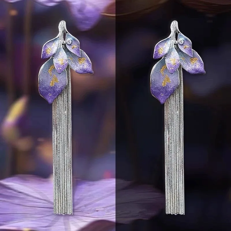 

Vintage Monet's Water Lilies Ear Drop Dangle Silver Pin Purple Enamel Tassel Long Earrings Retro Fancy Floral Jewelry Wholesale