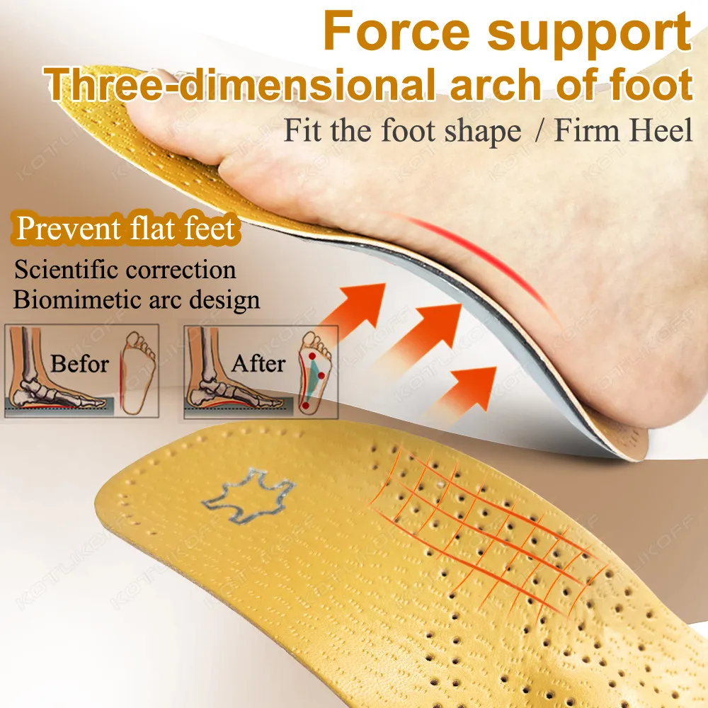 Leather Orthopedic Insoles Arch Support Insole Flat Feet Plantar Fasciitis Shoe Pad O/X Leg Corrected Comfort Deodorising Insert