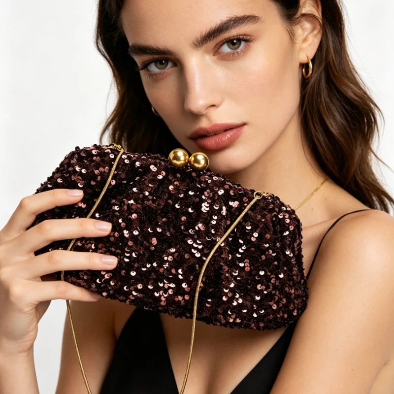 Retro Clip-On Sequin Diamond-Encrusted Evening Bag Women's Handbag Cross-Border Style Shoulder Strap Small Luxury Party Bag