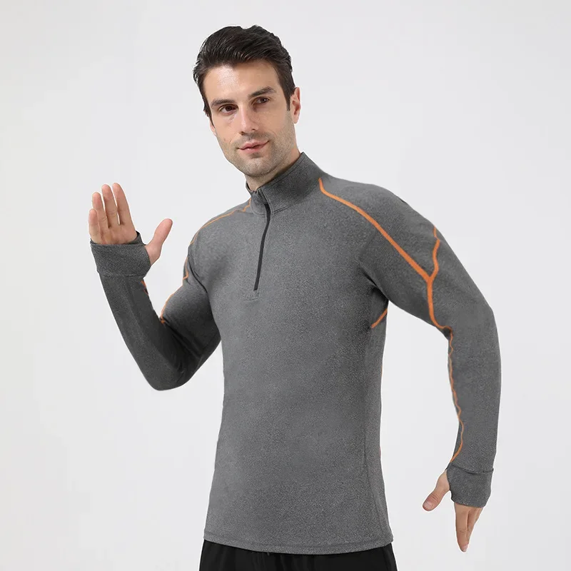 Autumn Marathon Running Training T-Shirts Long Sleeve Quick-Dry Jogging Sports Thumb Holes Full Sleeve Tops Tees Half zipper Men