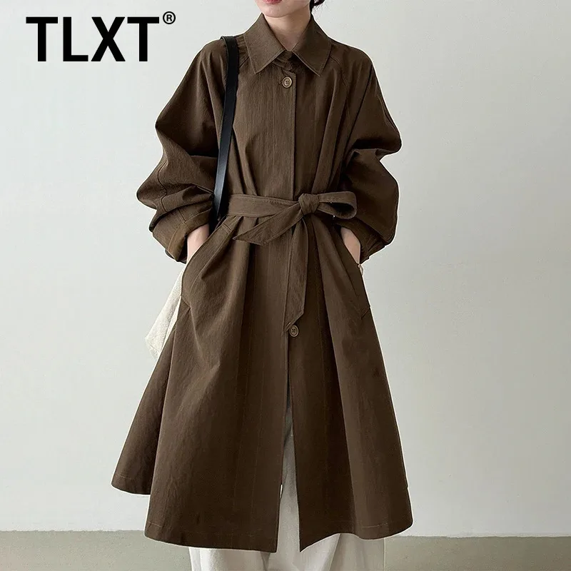 

TLXT элегантный женский винтажный Тренч с лацканами, однобортная длинная ветровка со сборками на талии, модные пальто, новинка осени 2023 г.