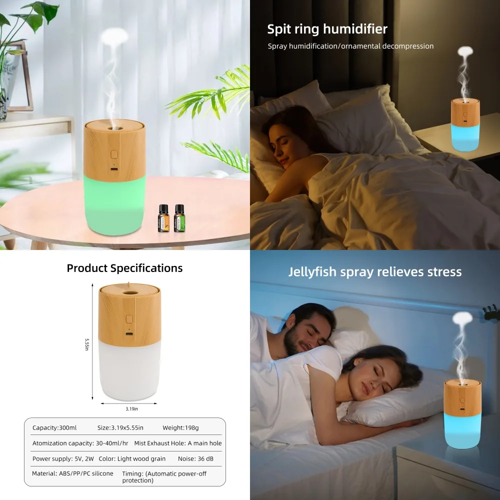 Pelembap Ultrasonik Serbuk Kayu Penyebar Minyak Esensial 300Ml, Pembersih Udara & Lampu Malam dengan 7 Warna LED Berubah, Operasi Tenang