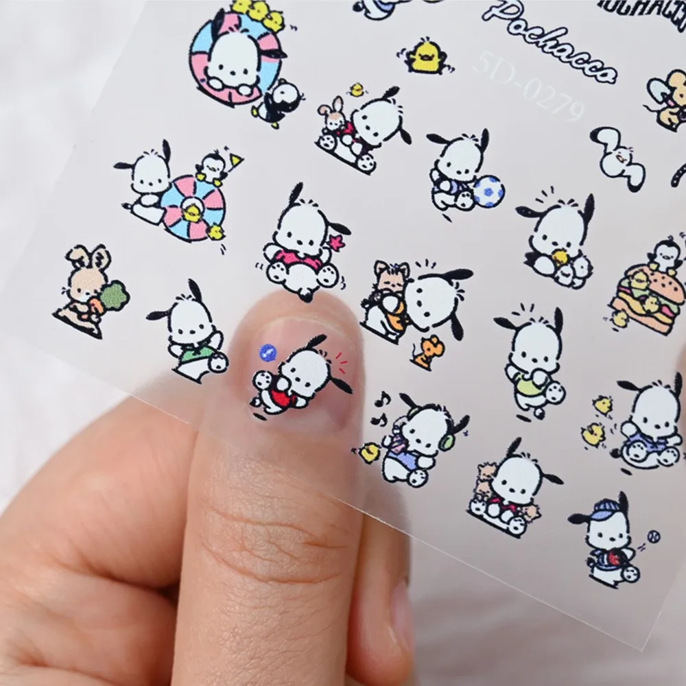 5D Cute Sanrio Pochacco Nail Stickers Embossed Relief Kuromi Kitty Cat Nail Decals Kawaii Cartoon Pochacco Dog Manicure Sliders