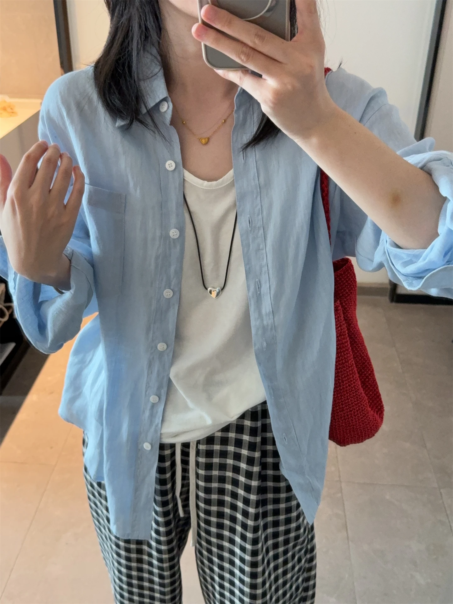 

Light Blue Linen irt Loose Fit Thin Summer Sun Protection Korean Sle Casual Women's Collar Long Sve Pure Color