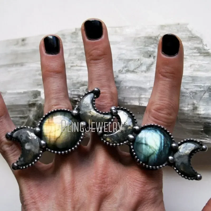 10 pezzi Labradorite pirite Crescent Moon Statement Ring Halloween Goth Gothic Retro Stainless Steel Boho Women Jewelry Cool Stuff