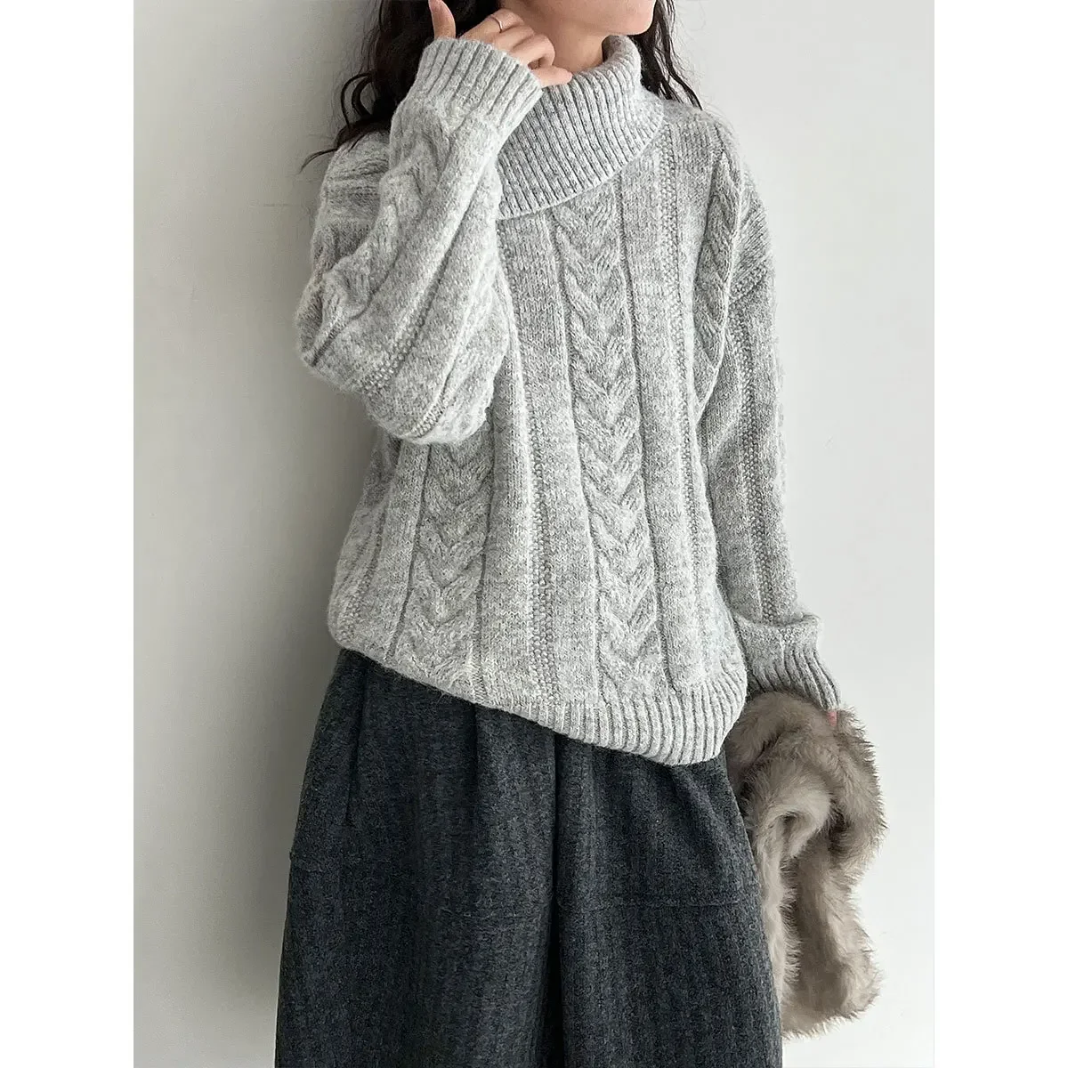 

Autumn Winter New Women's Wool Blend Knitwear Asymmetric Collar Loose Fit High Collar Sweater Style Long Sleeve Casual Top