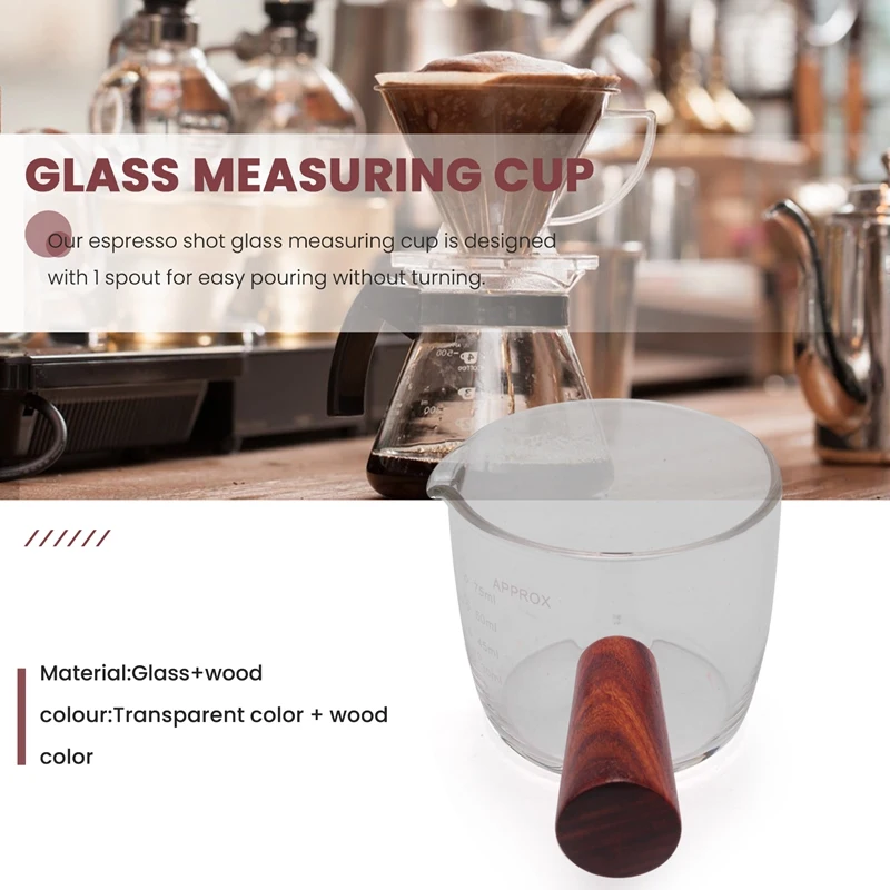 Glas-Messbecher, Espresso-Schnapsglas, 75 ml, dreifacher Krug, Barista, Einzelausgießer mit Holzgriff