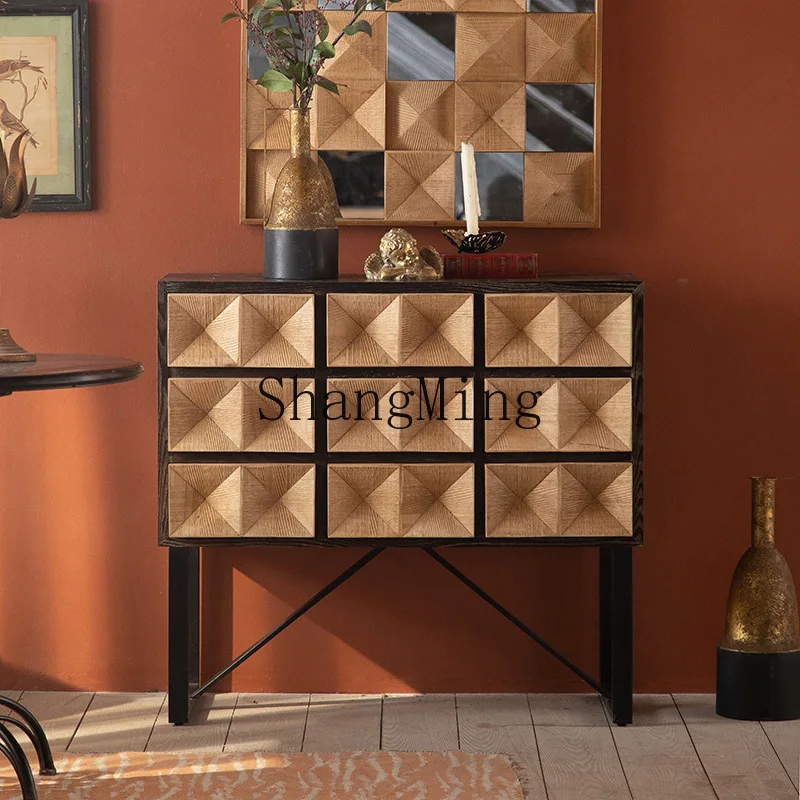 Tavolo da ingresso di lusso leggero in legno massello SM, decorazione del corridoio d'ingresso del soggiorno contro il muro, tavolo lungo con cassetti