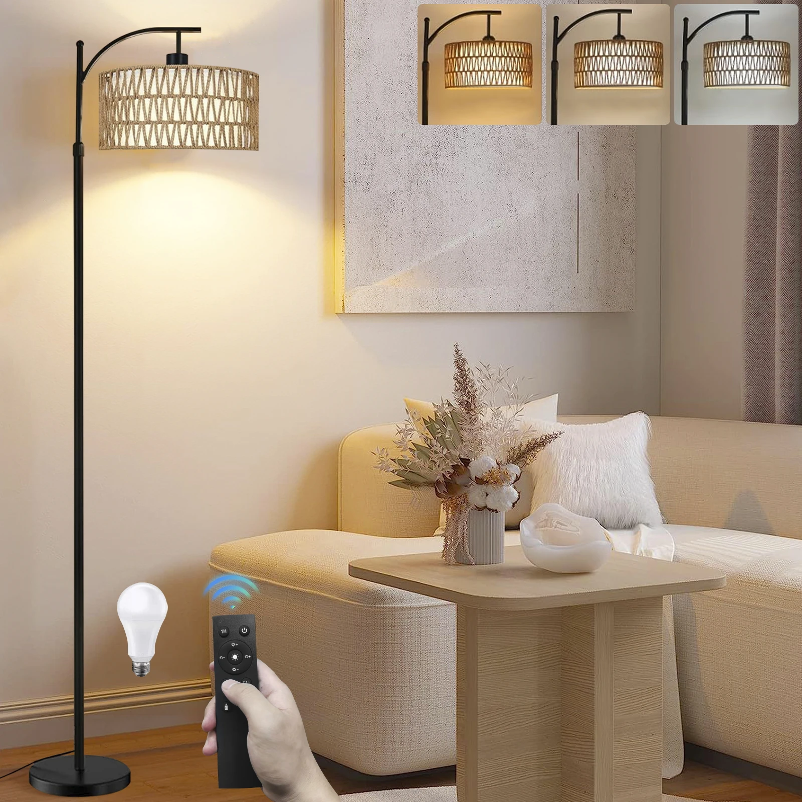 

Floor Lamp For Living Room With 3 Color Temperatures, Standing Lamp With Linen Lampshade Rotation Adjustment For Bedroom, Office