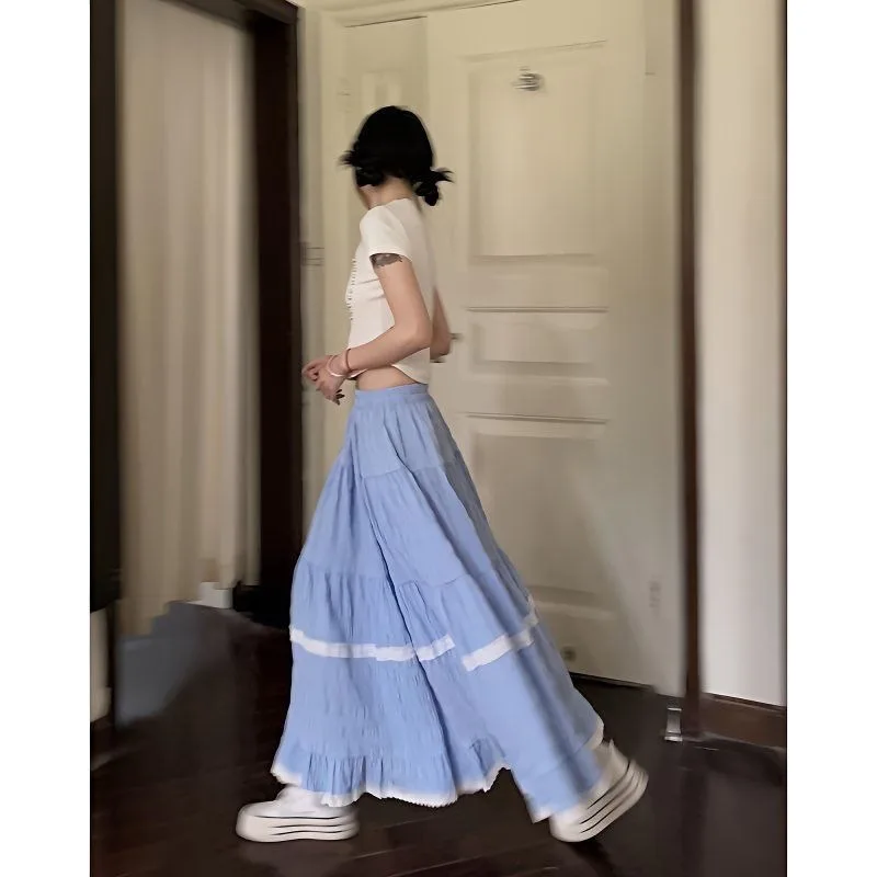 Słodka Dopamina Koronkowe Łączenia Krata Damska Wiosna Lato 2025 Nowa Spódnica Parasolka z Wysokim Stanem i Dużym Rozkloszeniem Niszowa Długa Sukienka