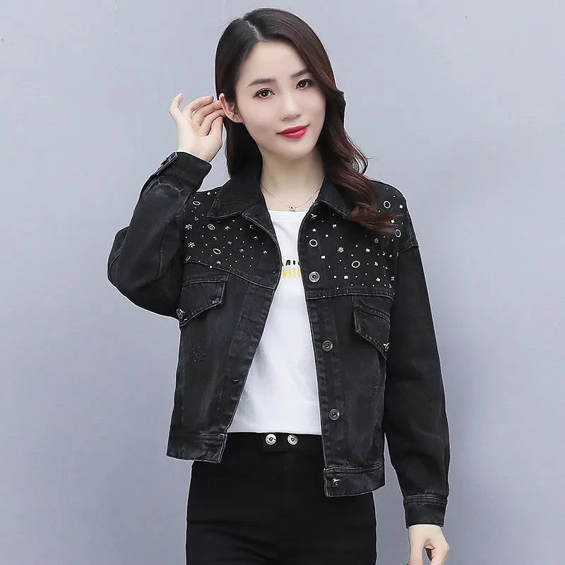 

Куртка женская джинсовая универсальная, модная свободная повседневная короткая верхняя одежда из денима с бриллиантами, большие размеры, весна-осень 2022