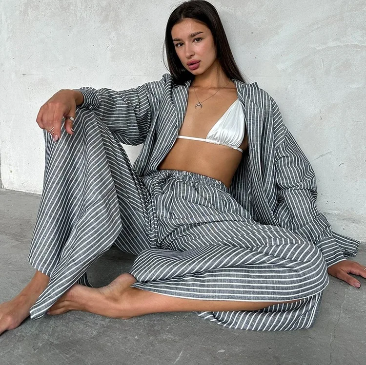 

European and American fashion loose striped casual suit women's lapel long sleeved shirt wide leg pants two-piece set