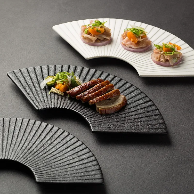 Fan-shaped striped plate shaped plate Japanese sushi plate ceramic dessert  home creative platter commercial hotel table