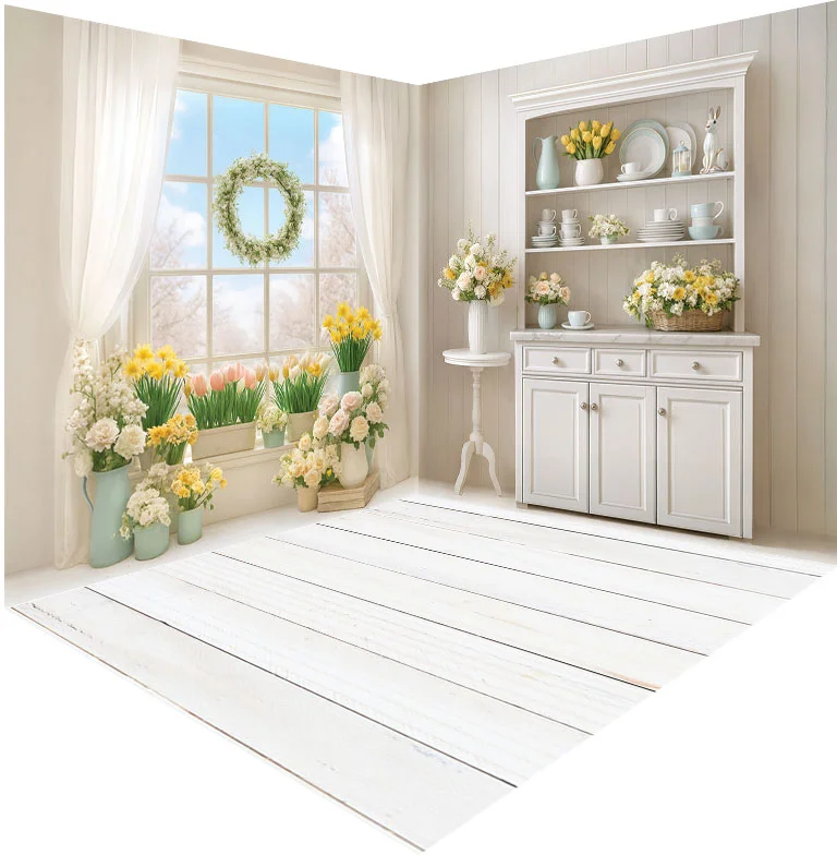 

Spring Easter Photography Background White Room Flowers Cupboard Window Kids Birthday Party Portrait Decor Barkdrop Photo Studio