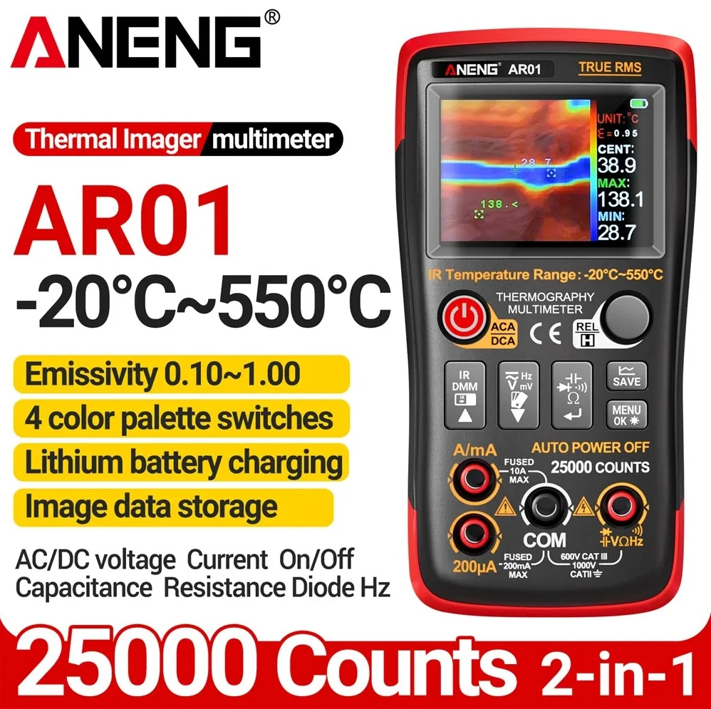 

Тепловизор-мультиметр ANENG AR01 2-в-1, инфракрасный термометр, 25000 измерений, коэффициент излучения 0.1-1, измерение напряжения AC/DC, перезаряжаемый инструмент