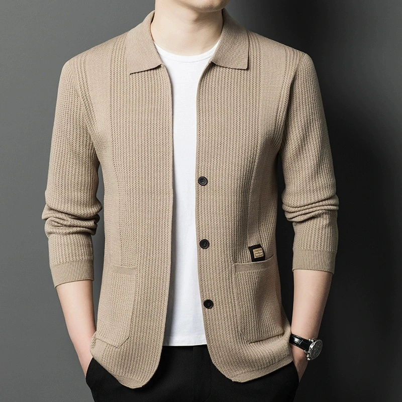 High-Quality Men's Knitted Cardigans Solid Color Simple Business Lapel Knitwear Coat Man Autumn New Long Sleeves Sweater Jacket