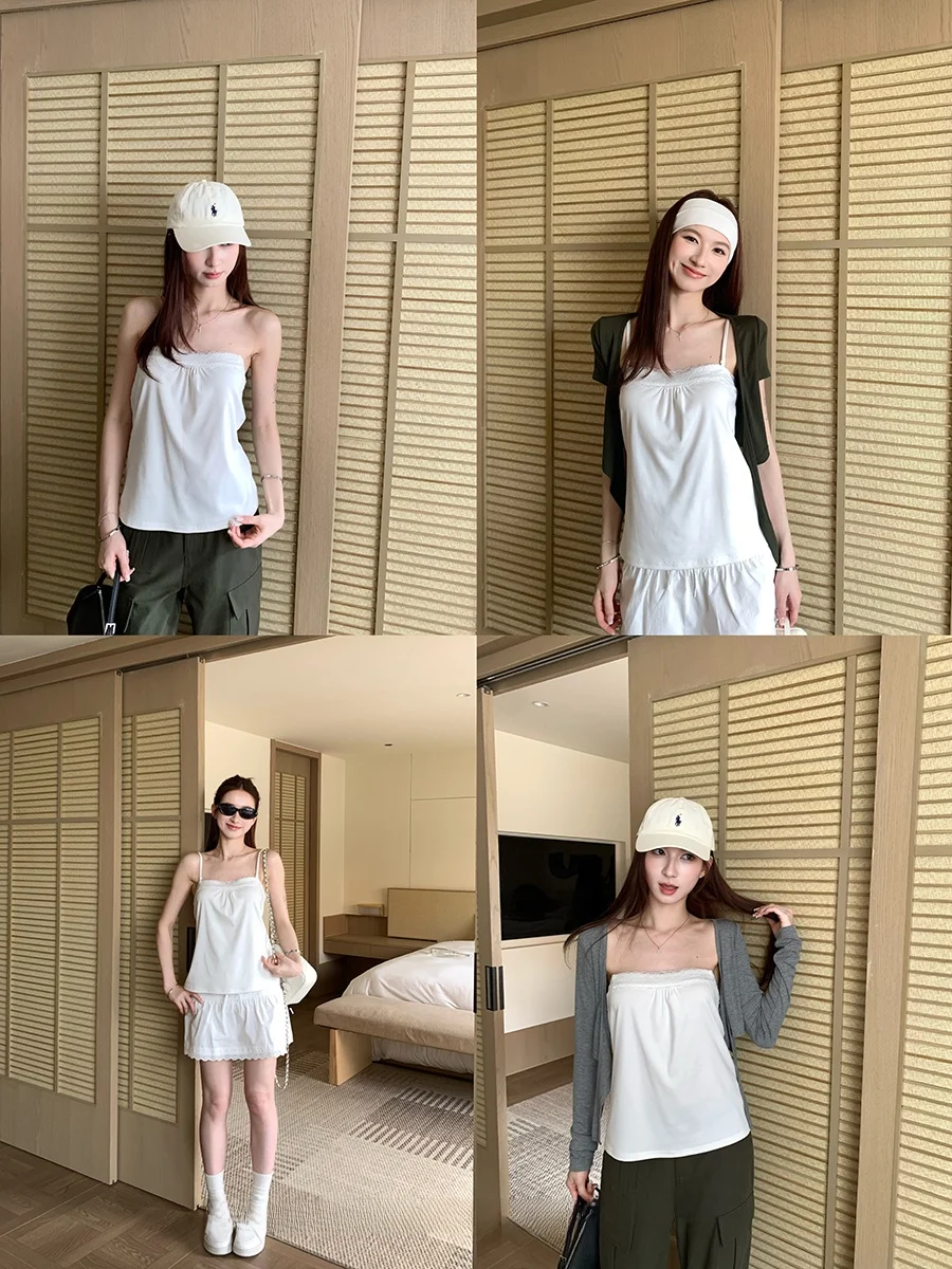 High Waist Lace Trim Splice Half Skirt Women's Summer Slimming White Lace Flower  Pleated Short Skirt Drawstring Design