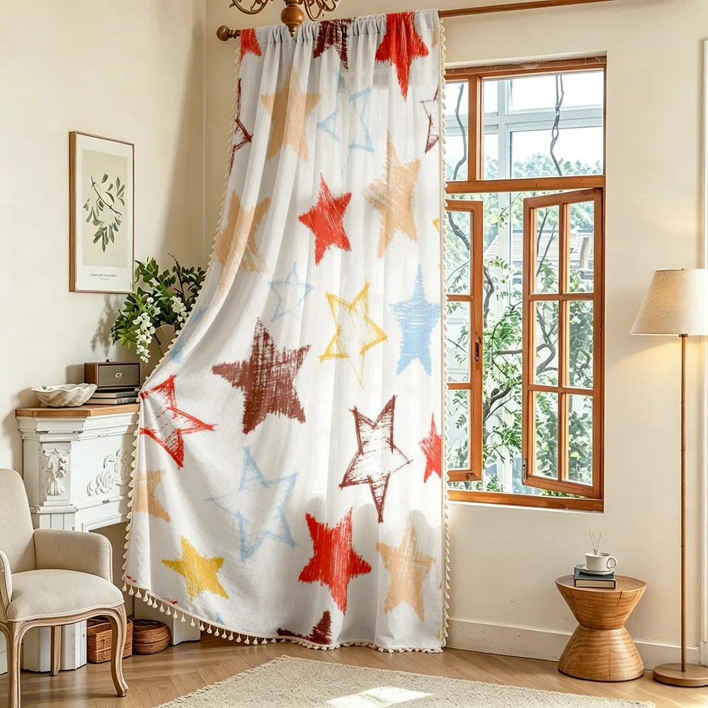 1PC Cartoon Tassel Sheer Curtains, Colorful Hand Drawn Star, Digital Print, Linen Polyester, Bedroom Living Room Home Decor