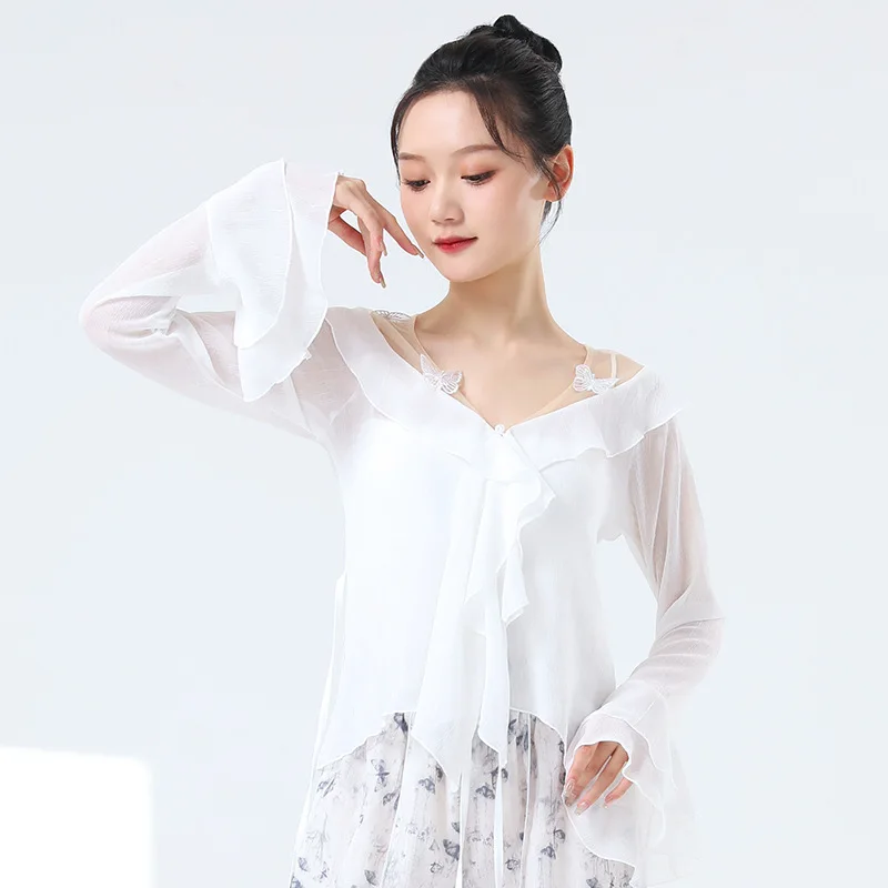 

Modern dance practice clothes women's new mesh yarn horn sleeve top adult classical dance