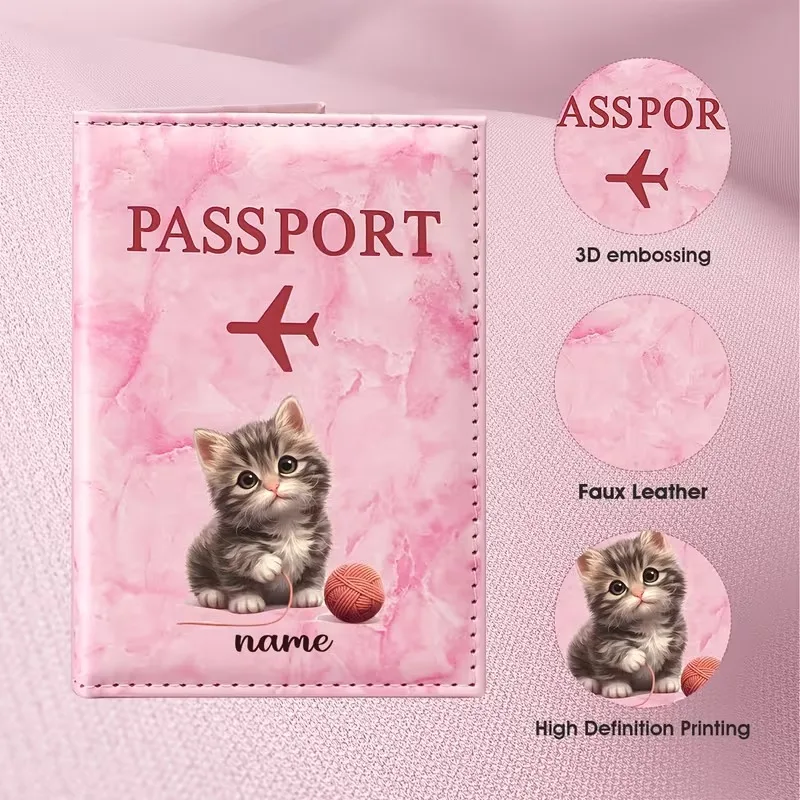 Custom Name Cute Cat Knitted Ball Illustration Design PU Passport Holder, Featuring Adorable Kittens And Red Knitted Balls