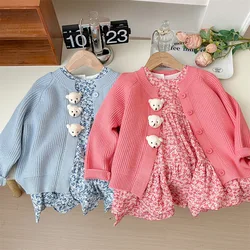 2024 Spring Autumn Kid Baby Girl 2PCS Clothes Set Cotton Floral Ruched Dress Knitted Long Sleeve Coat Suit Toddler Girls Outfits