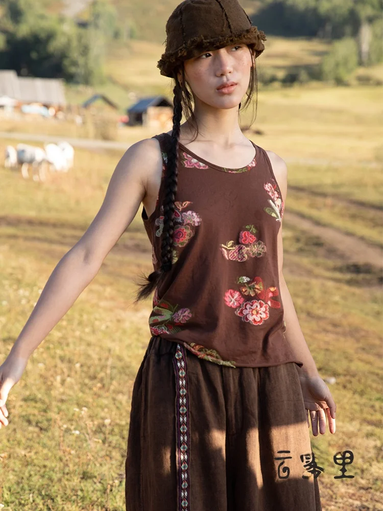 

Вязаный жилет из чистого хлопка оригинального дизайна с цветочной вышивкой, свободный крой, повседневная одежда для мужчин и женщин, универсальная повседневная одежда