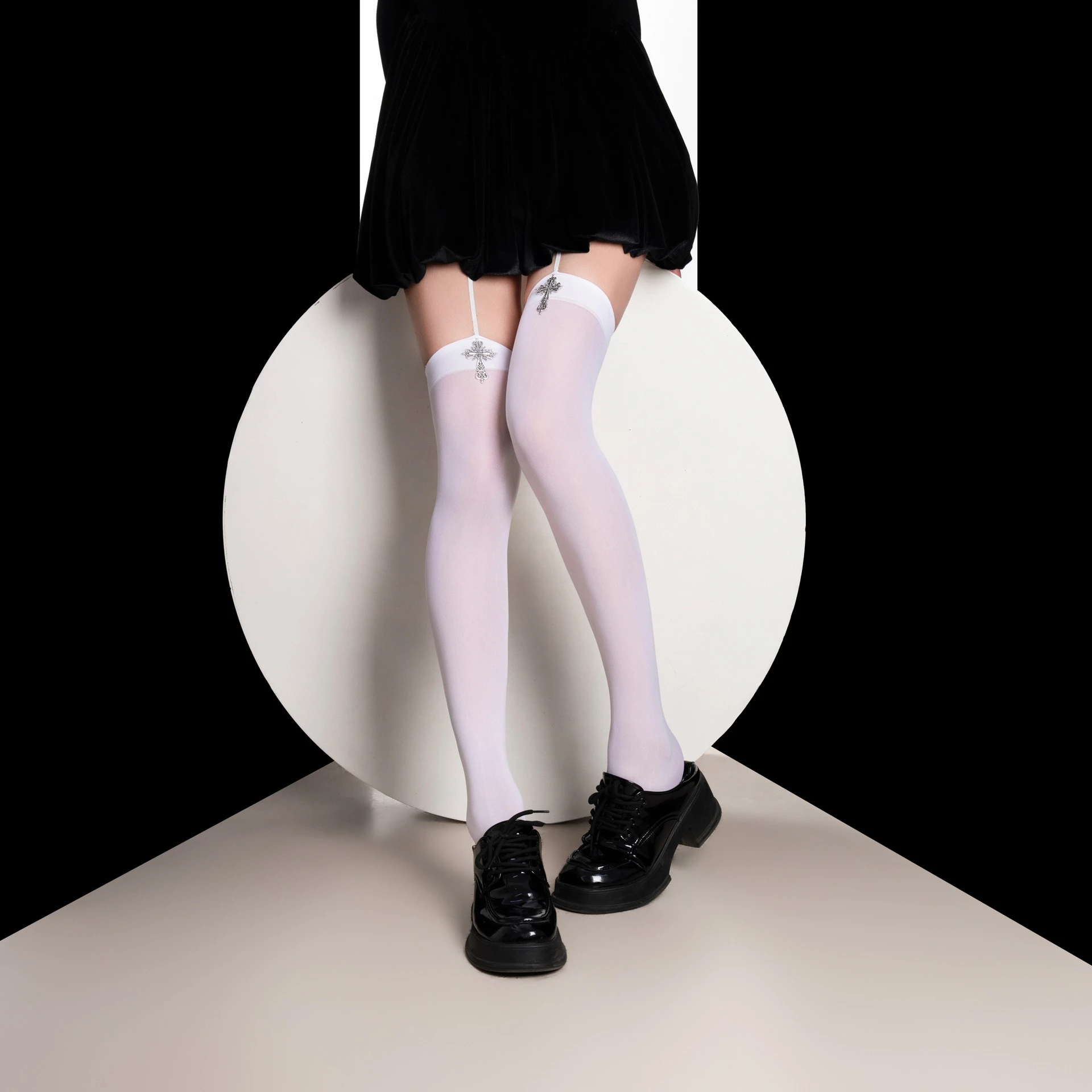 New Punk Subculture Three-dimensional Cross Suspender Stockings Thin One-piece Knee-length Socks Velvet Sexy Stockings Women view 3