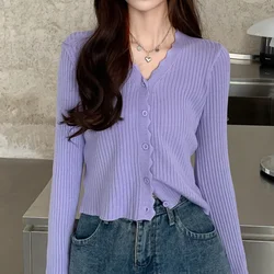 Women Ribbed Crew Neck Cardigan Sweater Pastel Pink Purple Long Sleeve Fitted Crop Knitted Jacket Spring Fall