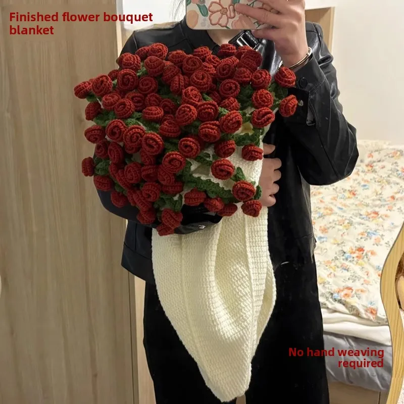 

Вязаное одеяло ручной работы с букетом роз в качестве свадебного подарка, не требует вязания, современный простой стиль, из полиэфирного волокна, теплое.