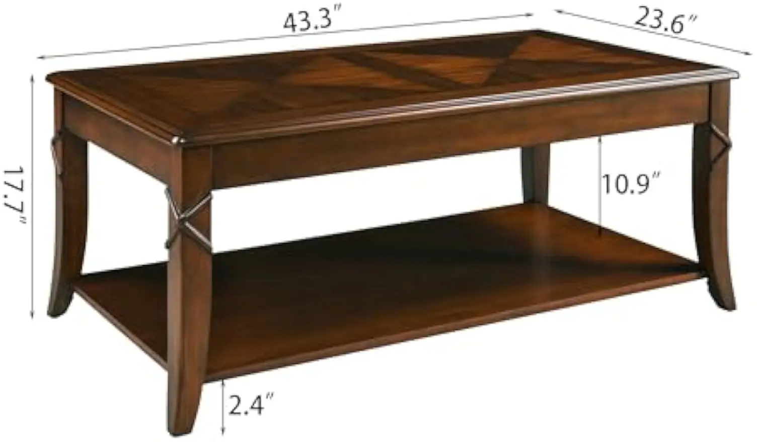 MODERION Solid Wood Coffee Table with Storage Shelf, Mid-Century Living Room Table with Wood Carved Tabletop and Leg, 43.3” Spli