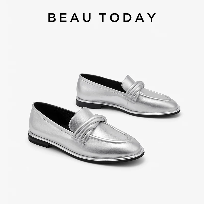 

BEAUTODAY Silver Flats Women Genuine Sheepskin Solid Color Slip-on Style Spring New Ladies Shoes Handmade 26198