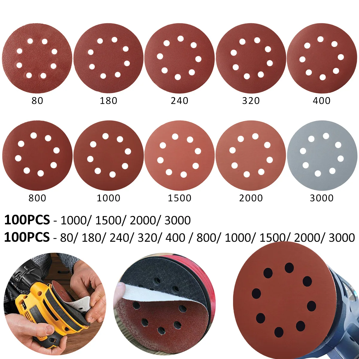 100 Pcs sanding disc 5 inch round alumina sand pad 8 hole sandpaper quick change sanding plate polished metal wood glass cart