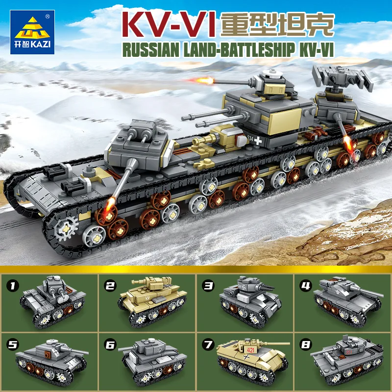 8 In 1 Military Panzer Tank Russian Land Battleship KV-VI Model Building Block Bricks USSR WW2 T38 Army Vehicle Toys Kids Gifts