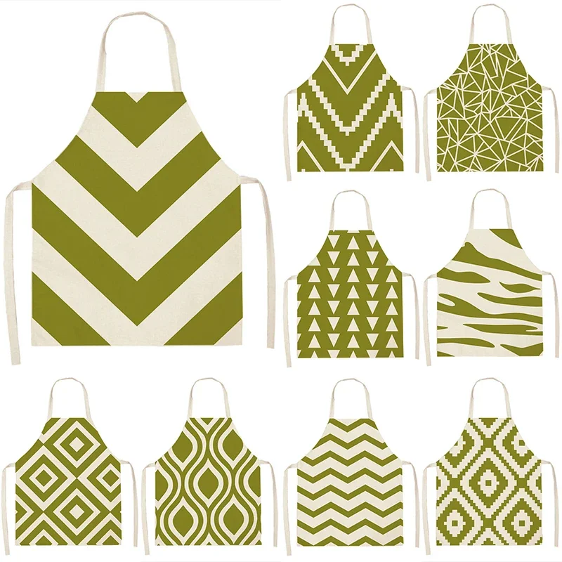 Geometry Stripe Pattern Kitchen Apron For Women Green Cotton Linen Bib House Cleaning Pinafore Home Cooking Apron Accessories