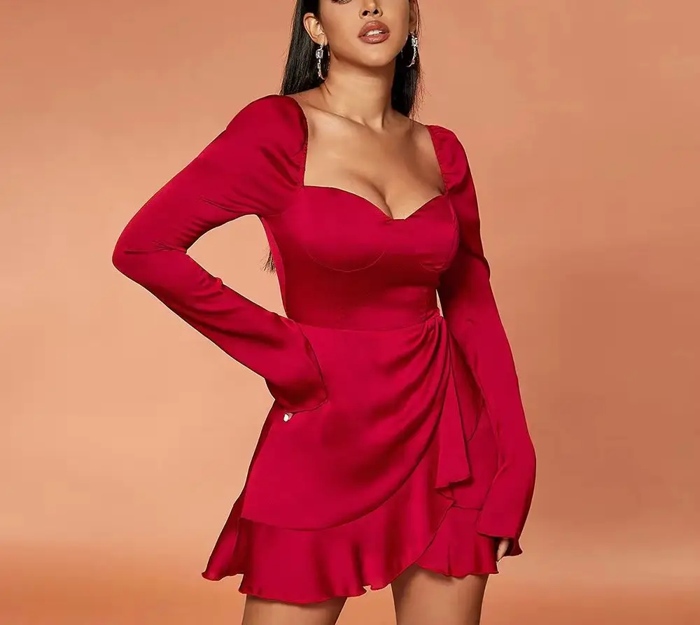 Mini vestido elegante em camadas para senhoras, vestido chique de babados, manga comprida, retalhos plissados, saia irregular, vestido de festa na moda, design