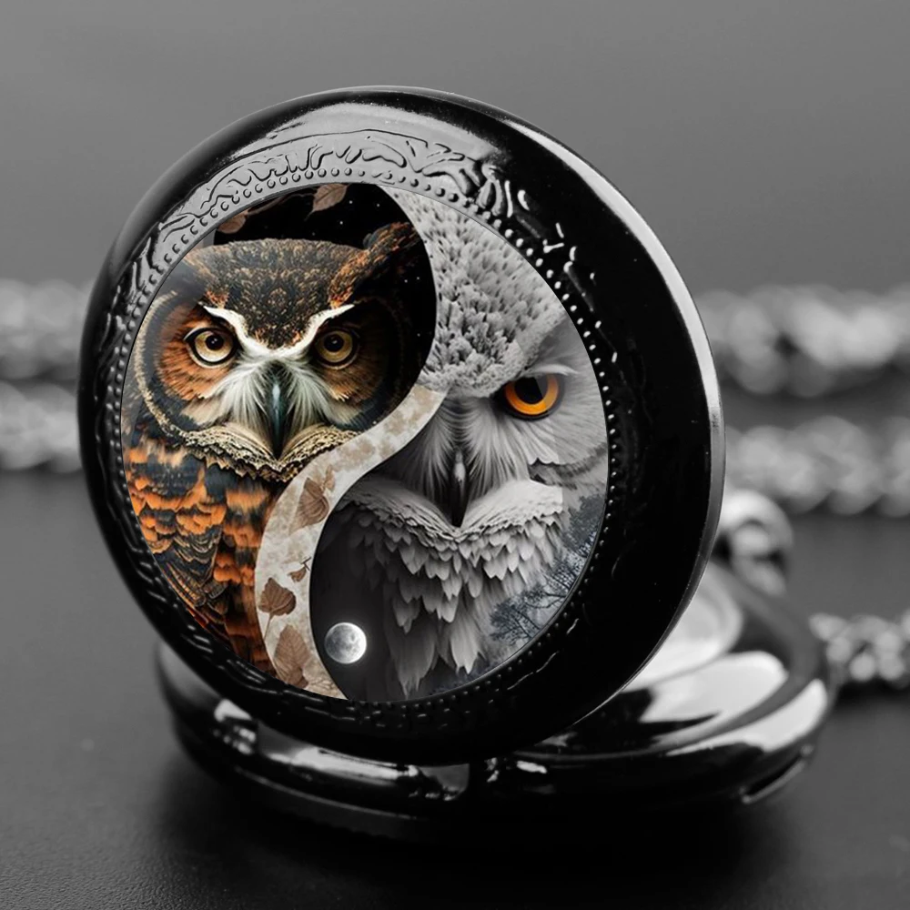 Vintage Pocket Watch Cool Ying and Yang Owl Black Quartz Pocket Watch FOB Chain Clock Pendant necklace Watch for Men Women Gift