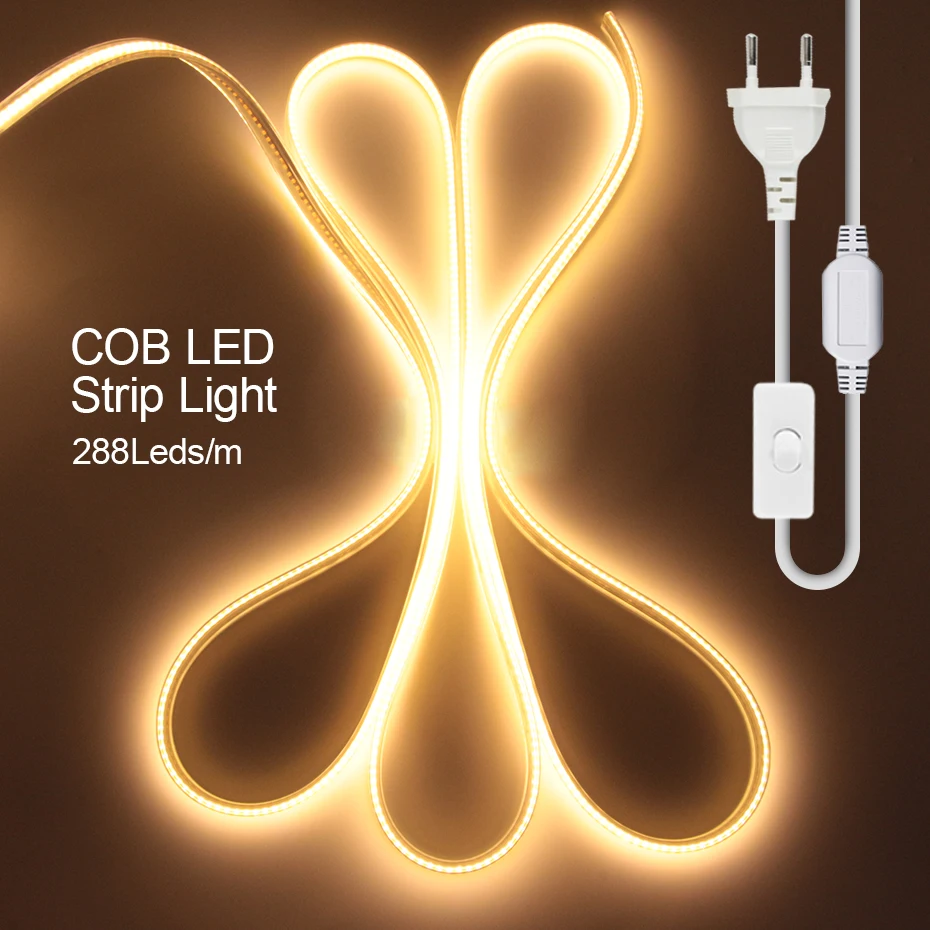 

Светодиодная лента COB с выключателем, 220 В переменного тока, водонепроницаемая, гибкая, для освещения спальни, улицы и сада