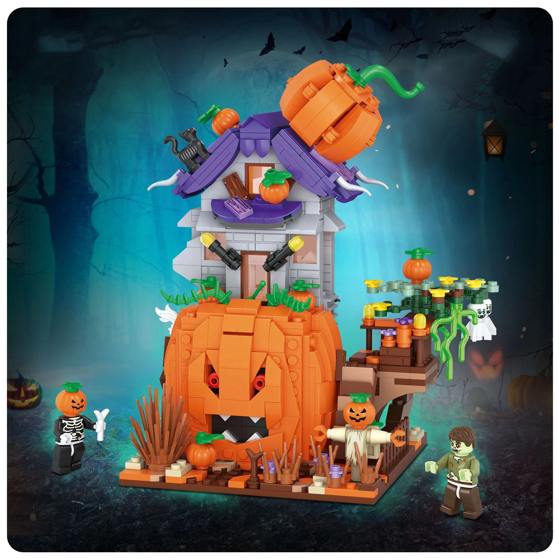 Halloween criativo blocos de construção conjunto moc halloween cabana abóbora lanterna abóbora casa decoração montar tijolos kit brinquedos presentes
