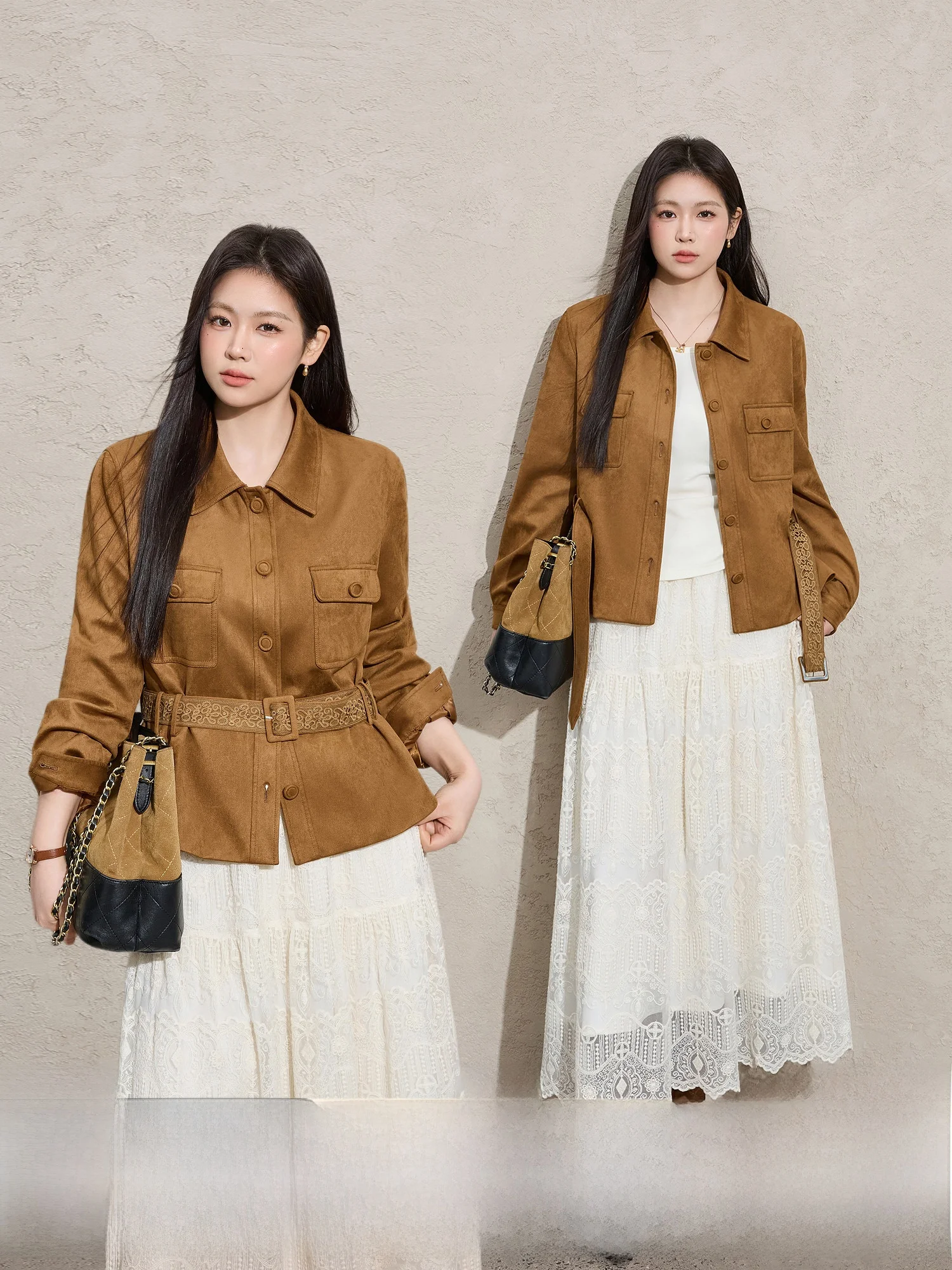 

Blue Language Large Size Retro Faion Barn Sle Workwear Jaet Women's Spring Simulation Suede Collar Inward Waistcoat Out...