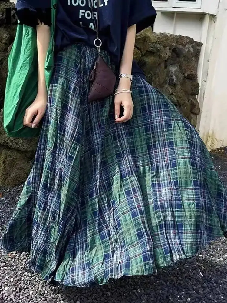 

High Elastic Waist Blue Plaid Vintage Long A-line Half-body Skirt Women Fashion Tide New Spring Autumn