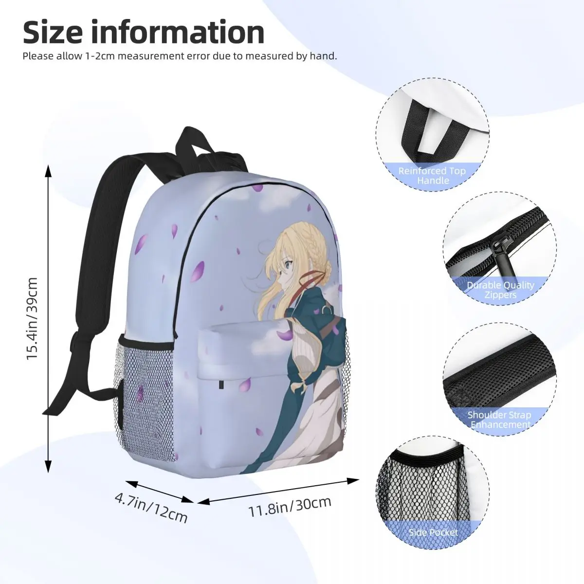 Violet Evergarden mochila para meninos e meninas, grande capacidade, leve, impermeável, estudante, 15"