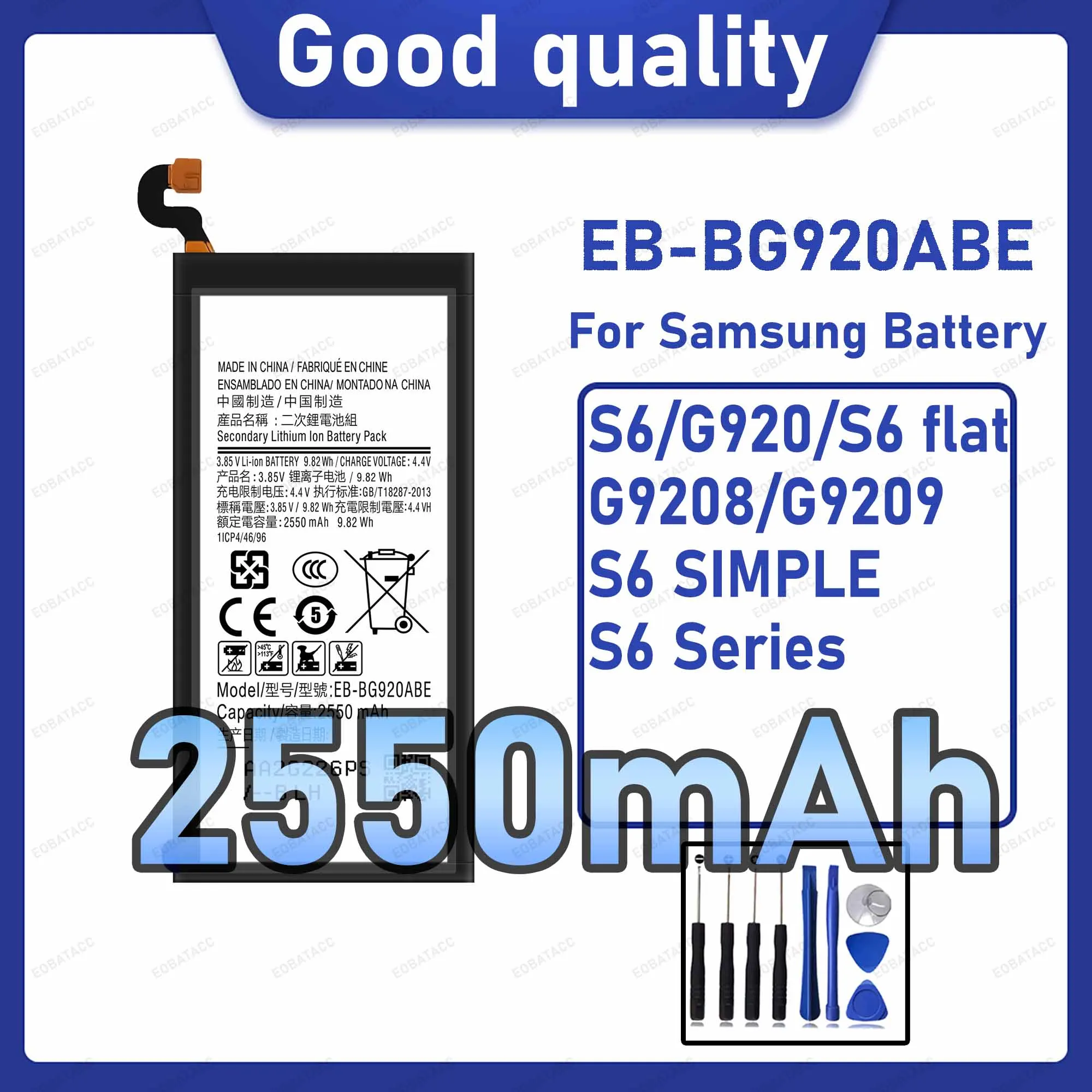 2550 mAh EB-BG920ABE Ersatzakku für Samsung Galaxy S6/G920 mit Reparaturwerkzeug-Set