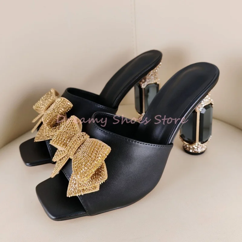 Black Double Layer Bow Decor Rhinestone Slippers Women Square Toe Block Heel Sandals Fashion Trendy Evening Party Summer Shoes
