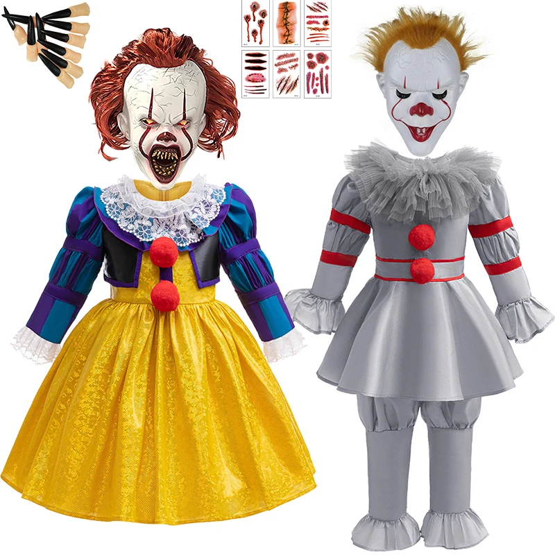 

Toddler Baby Girl Halloween Cosplay Pennywise Costume Mask Kids Horror Joker Masquerade Performance Carnival Party Girls Clothes