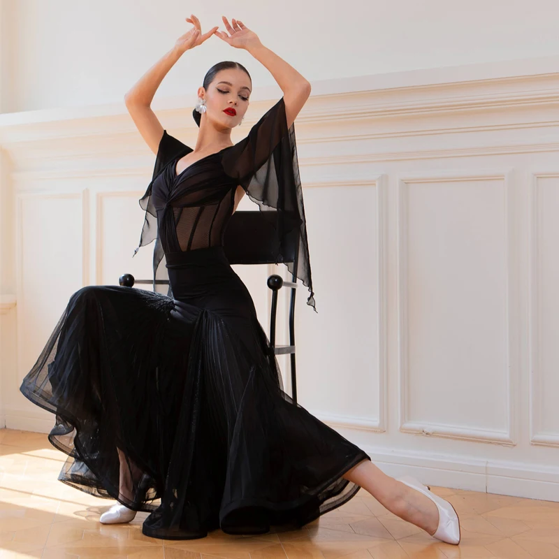 Gonna da torta latina con maniche galleggianti nere, valzer femminile, sala da ballo, ballo, concorso, abbigliamento per adulti, abito da spettacolo teatrale 10239