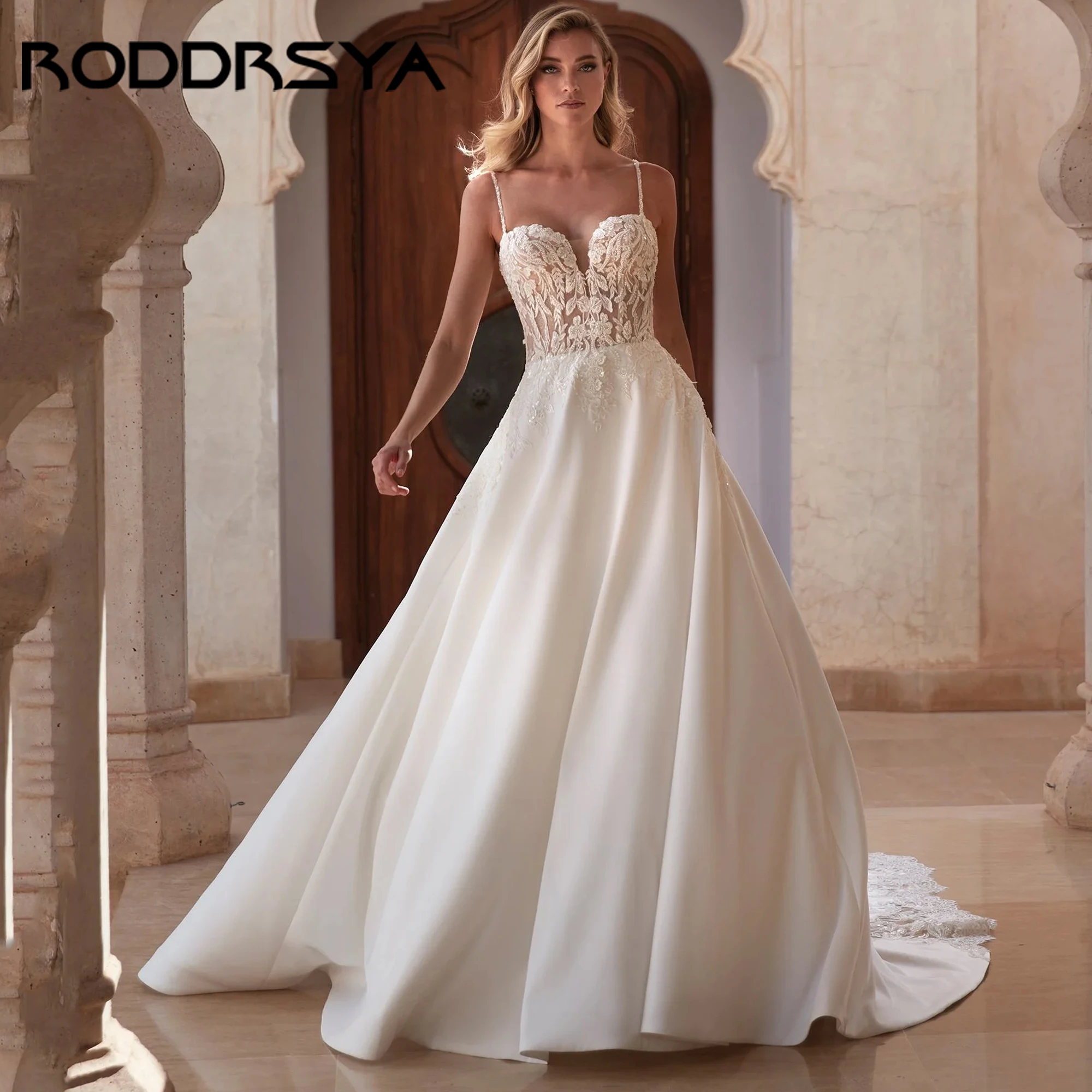 

A-Line Sleeveless Wedding Dress Lace Appliques Sweetheart Vestidos De Noiva Sexy Bridal Gown Bride Satin Train 2025 Customized