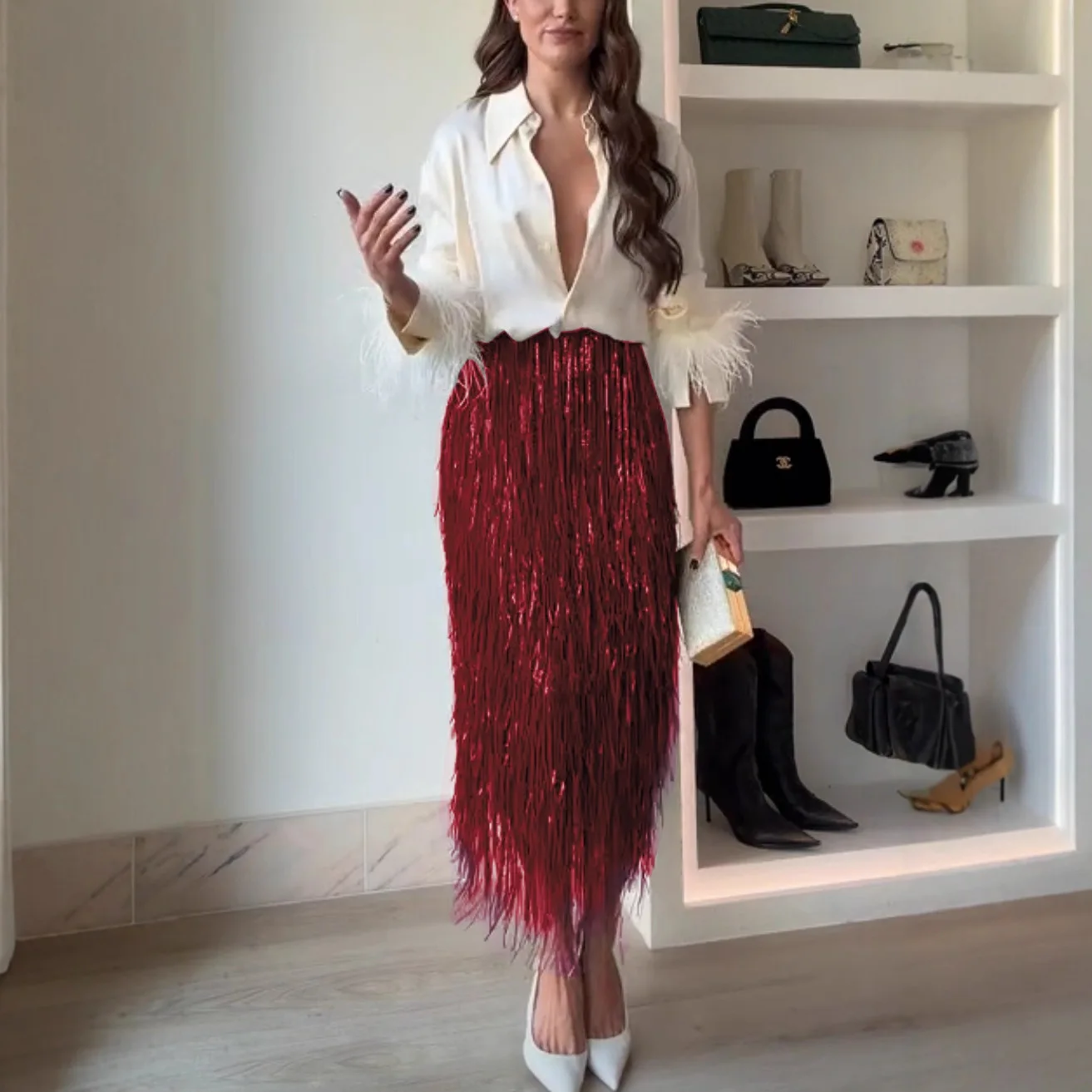 موضة جديدة تنورة قطعتين مجموعة النساء الترتر شرابة ألف خط التنانير ريشة المرقعة قميص 2 قطعة مجموعات العصرية الشارع الشهير الإناث #2